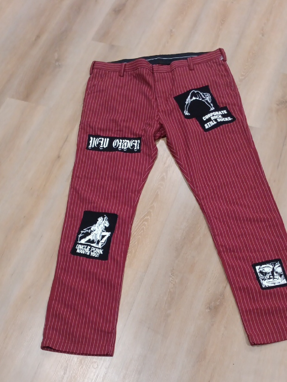 Red Pinstripe Punk Patchwork Trousers